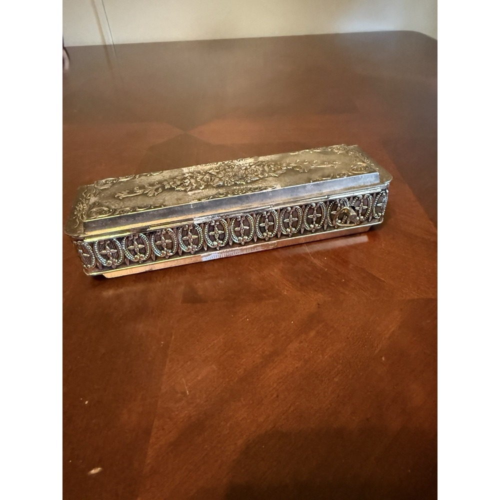 Vtg 50's Victorian Musical‎ Silverplate Jewelry Trinket Box Red Velvet Japan